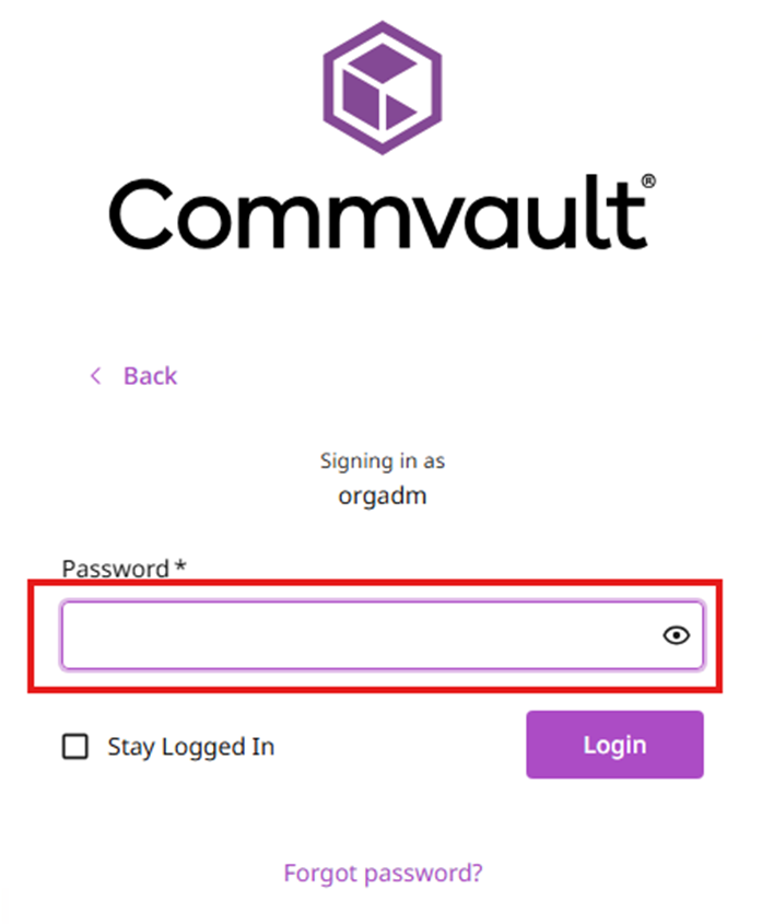 Commvault-Anmeldemaske, zweiter Schritt