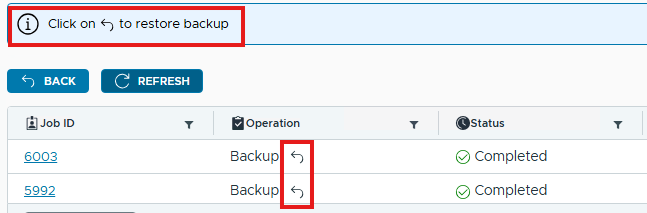 Backup-Job-Liste einer VM mit Wiederherstellungsoption