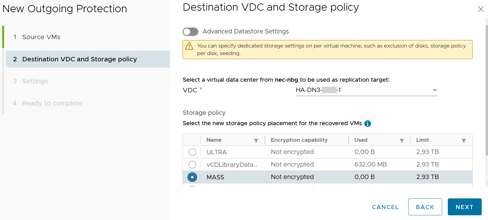 Auswahl von OrgVDC und Ziel-Storage