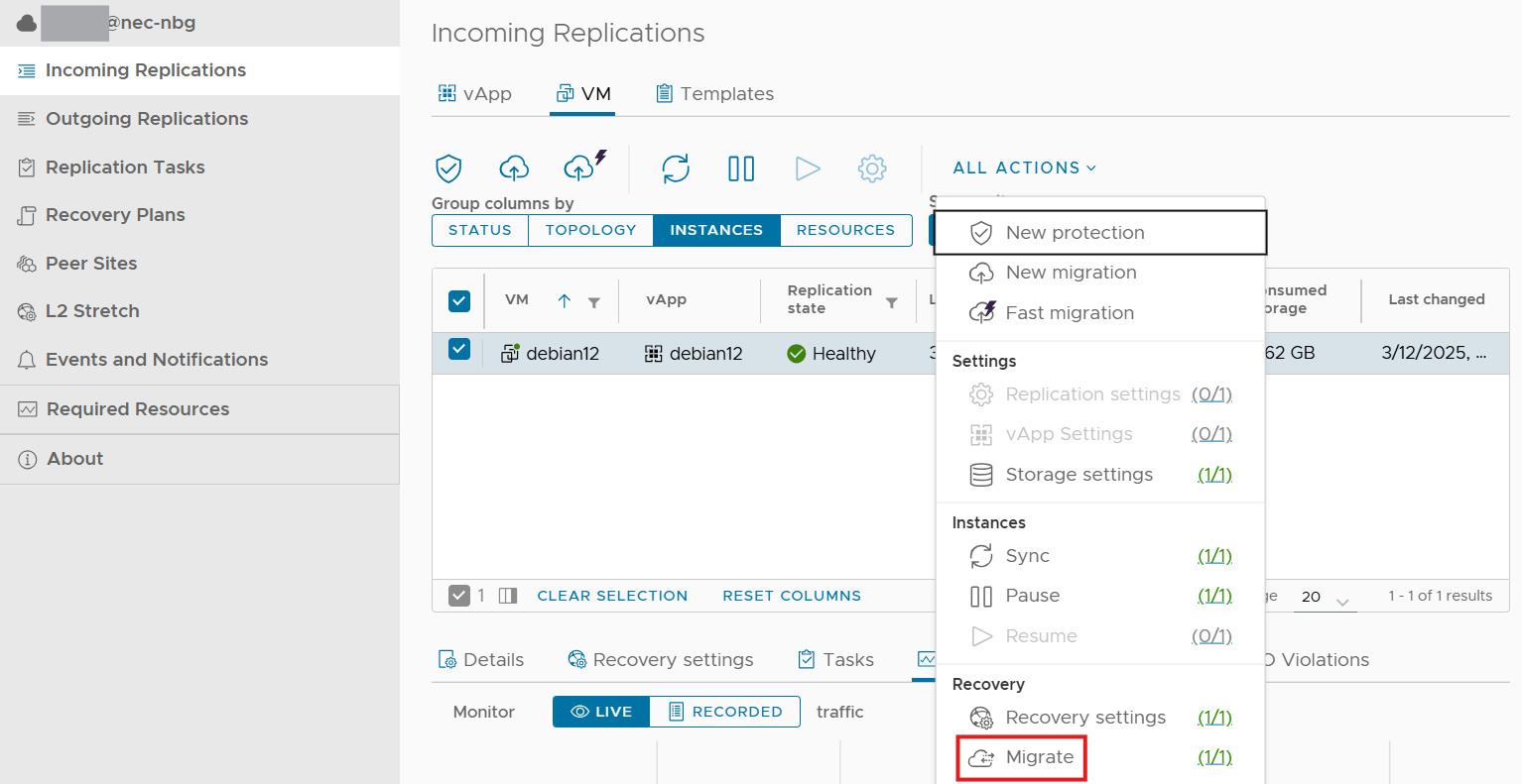 „Migrate"-Aktion im All-Actions-Menü