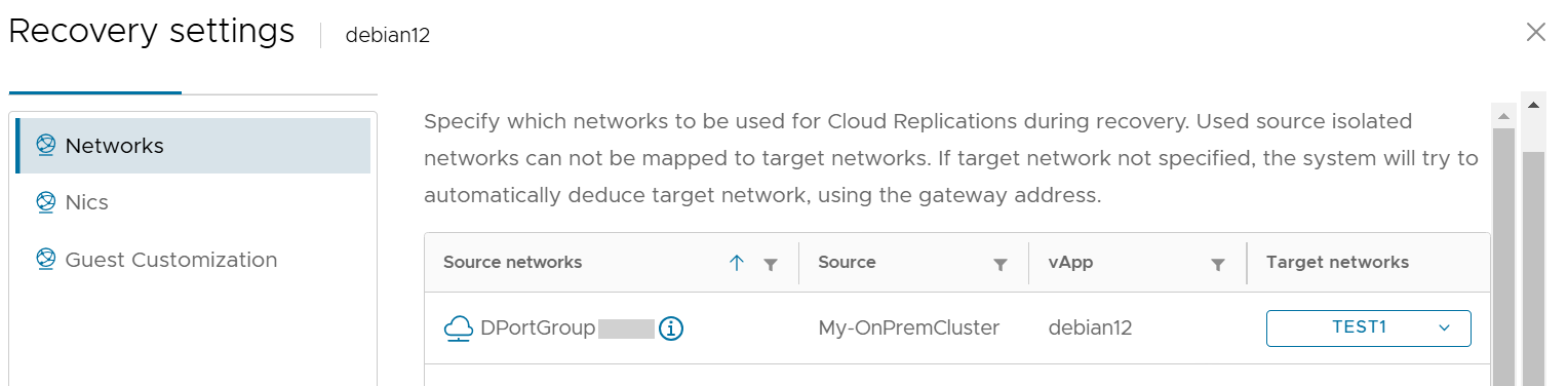 Recovery Settings mit Ziel-Netz-Definition