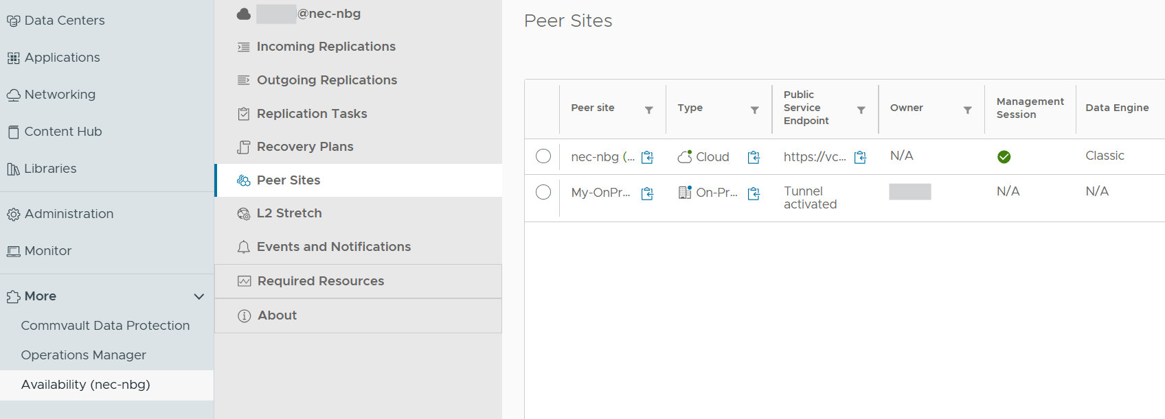 On-Premises-Site unter Peer Sites im VMware Cloud Director