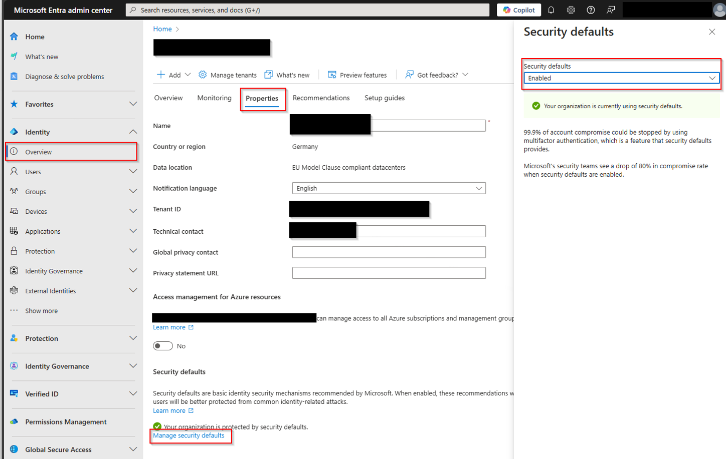 Aktivierung der Sicherheitsstandards in Microsoft Entra
