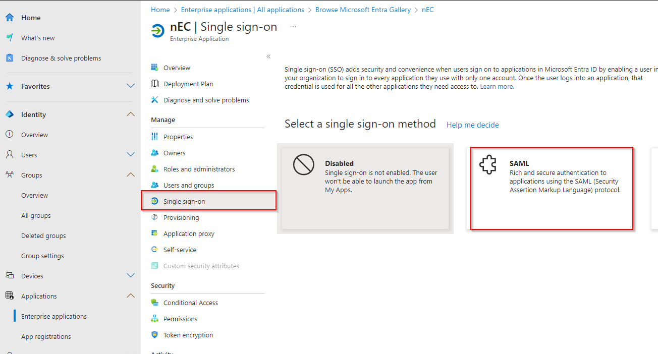 Single Sign-On-Methode SAML auswählen