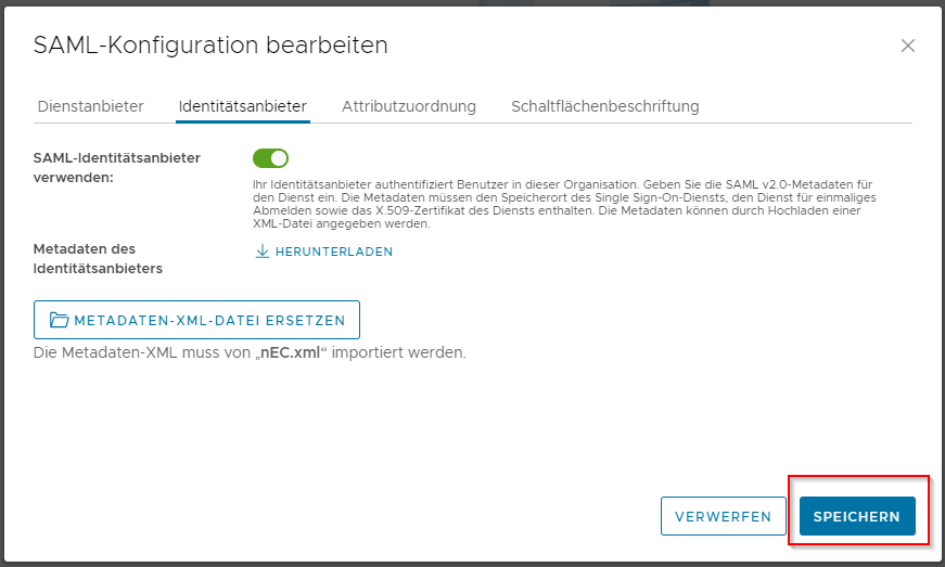 Bestätigung des Metadaten-Uploads im VMware Cloud Director
