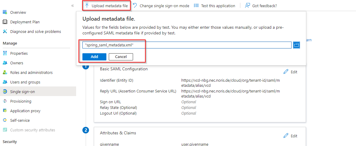 Metadaten in der Entra-Enterprise-App hochladen