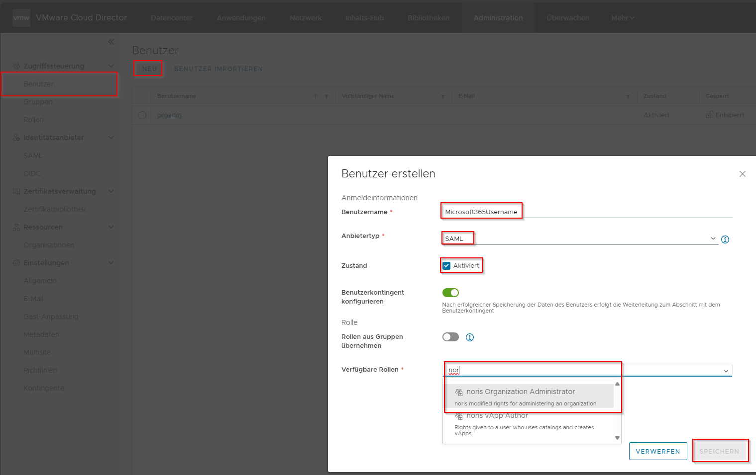 Microsoft-Entra-Benutzer im VMware Cloud Director hinterlegen