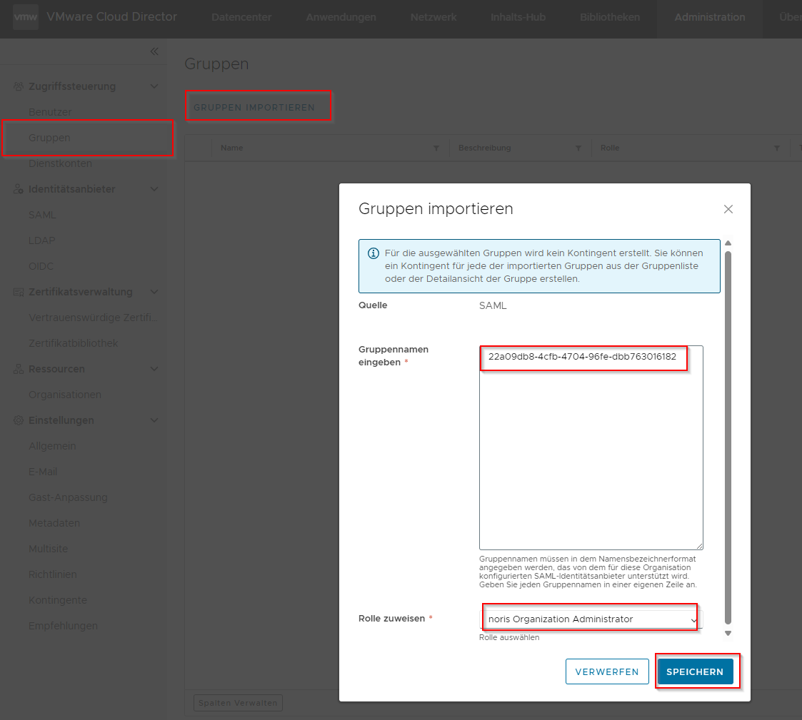 Gruppen im VMware Cloud Director importieren