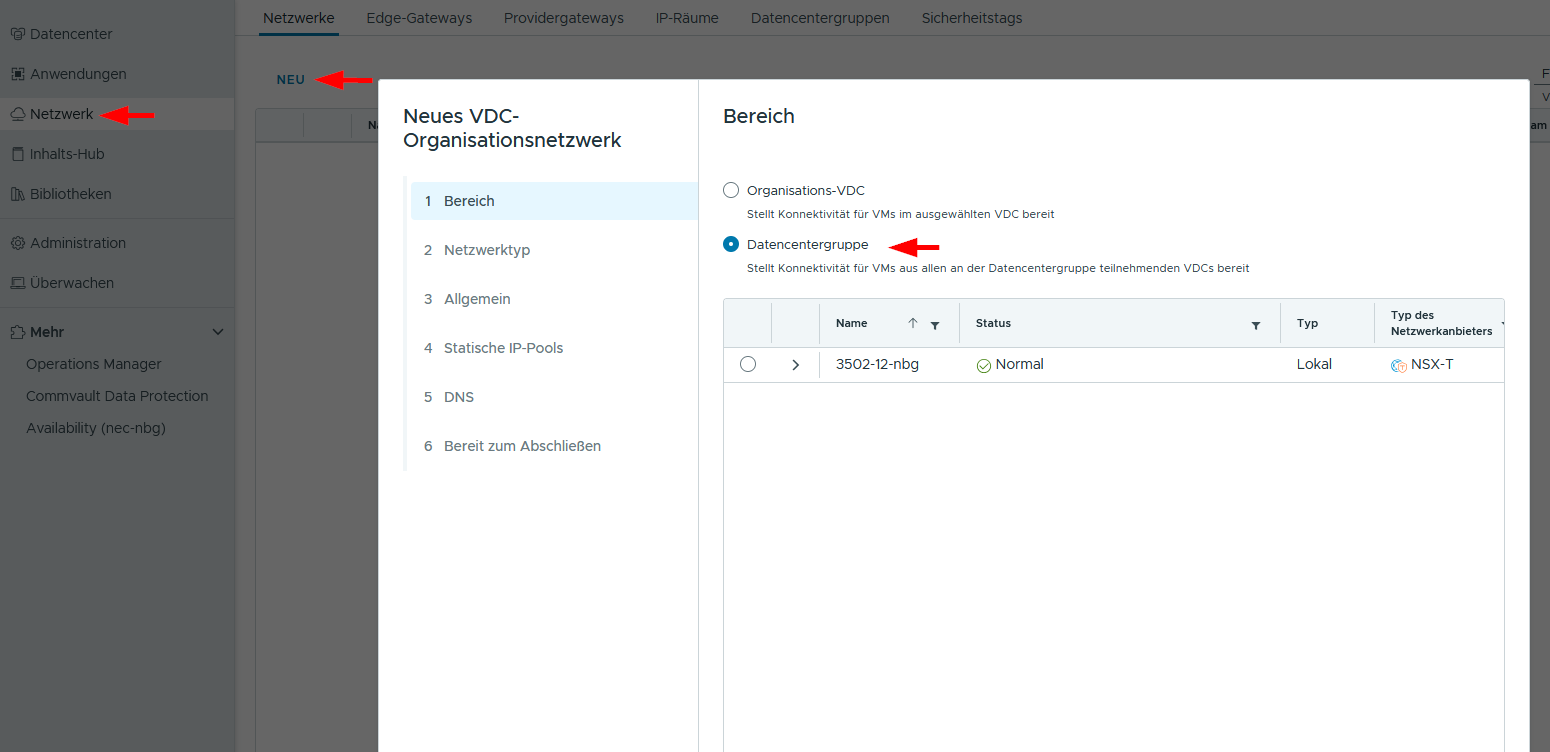 Wizard zum Anlegen eines neuen Netzwerks im vCloud Director